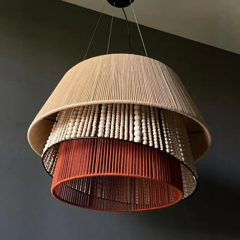 Colorful tassel woven LED pendant light artistic decoration solid wood beads living room bedroom pendant light famous guest