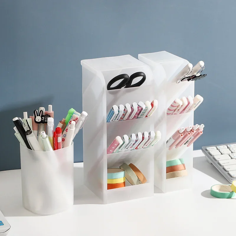 Pen Holder Desk Organizer Obliquely Inserted 4 Grid Desk Pencil Holder Makeup Organizer School Office Storage Box Home Gadgets