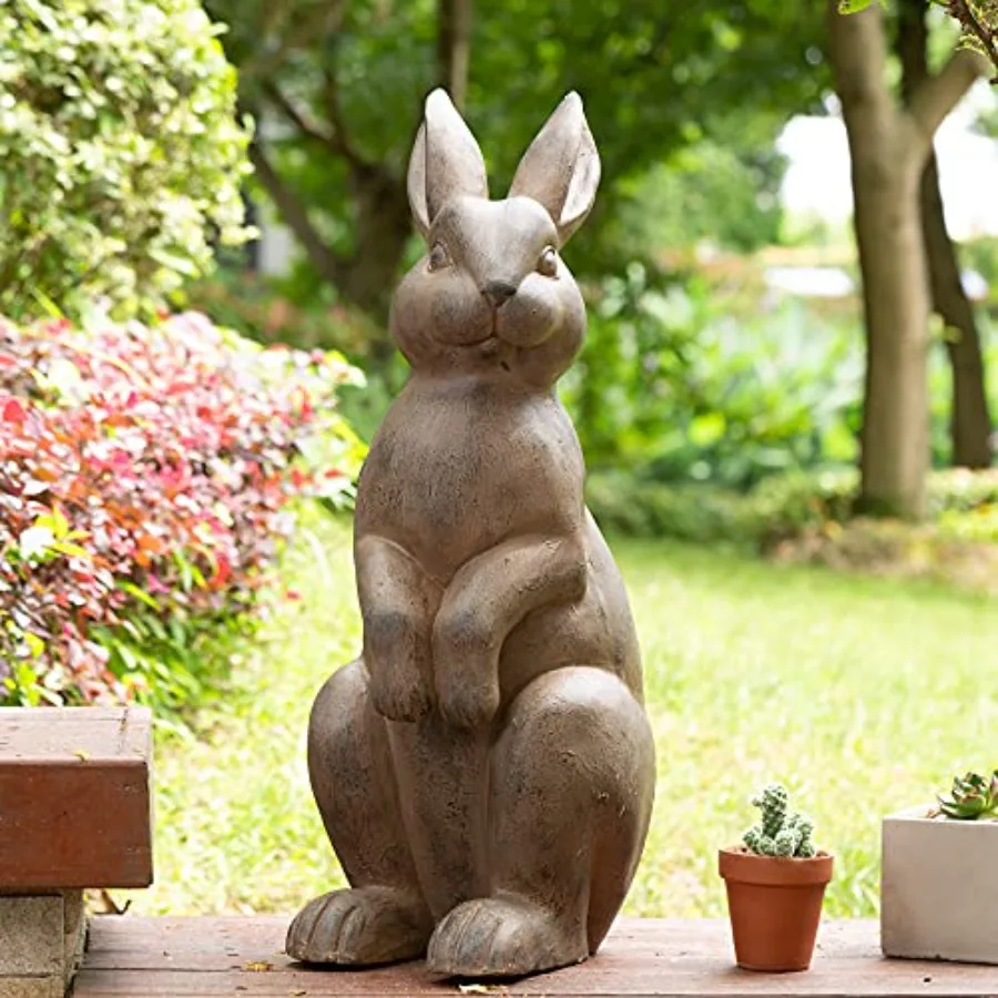

Outdoor lawn decor rabbit garden statue in weather-resistant bronze-finished cast resin standing bunny sculpture with realistic