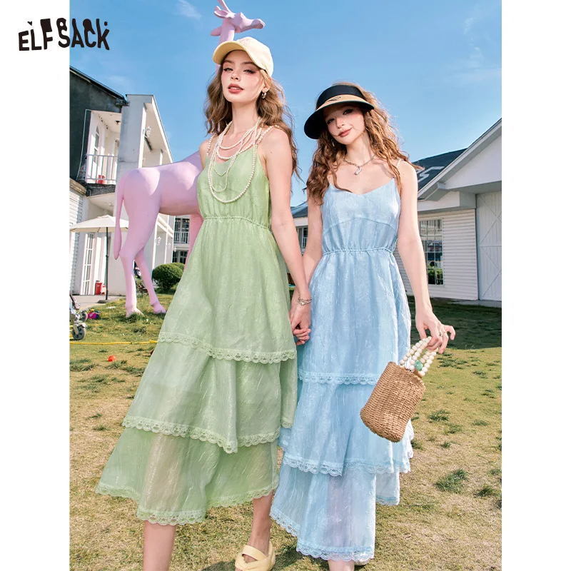 ELFSACK 2024 Summer New Arrivals Pearl shoulder strap suspenders waist temperament cake skirt dress for women