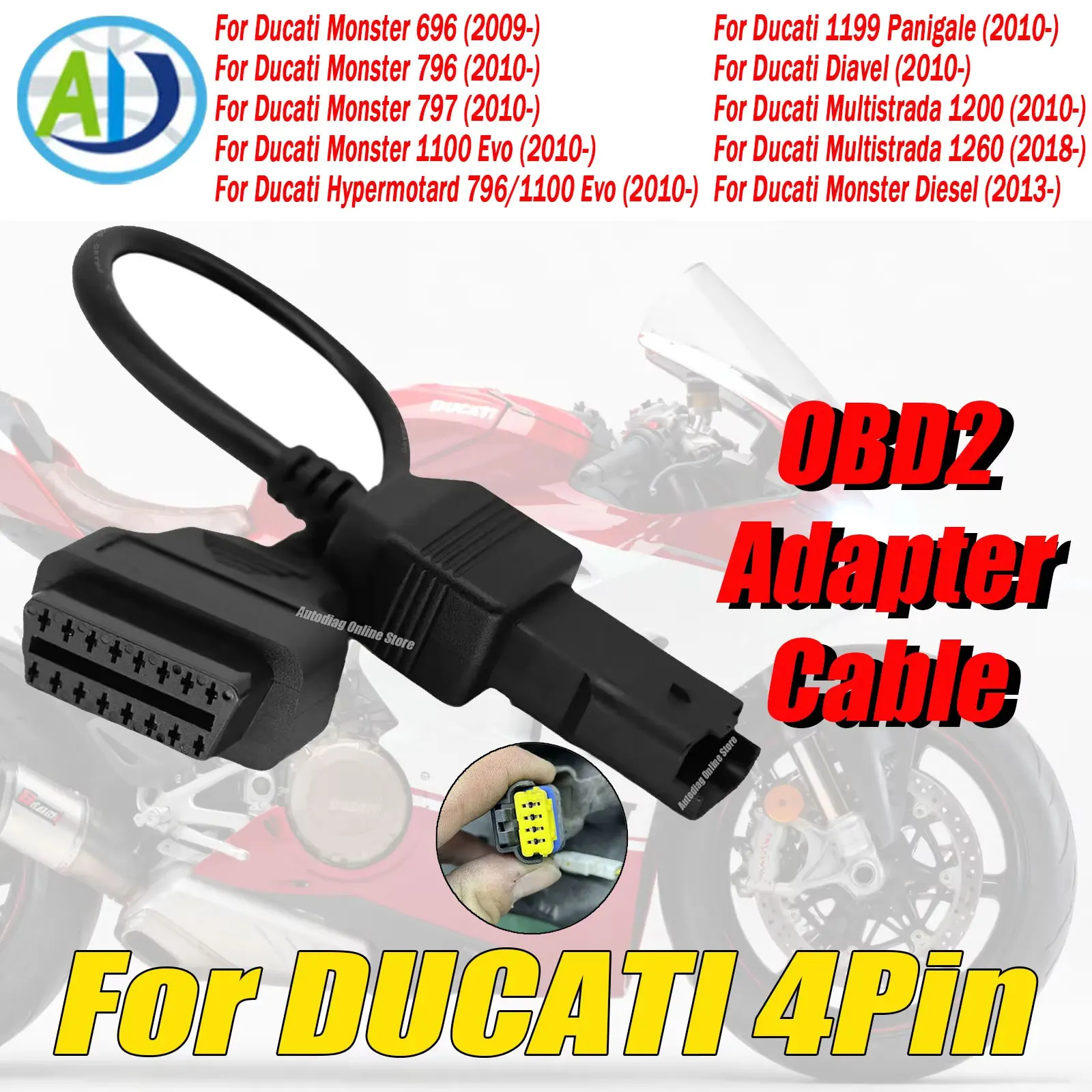 

Кабель-адаптер OBD2 для Ducati, 4-контактный диагностический разъем OBD для мотоциклов Monster, Hypermotard, Panigale, Diavel, Multistrada