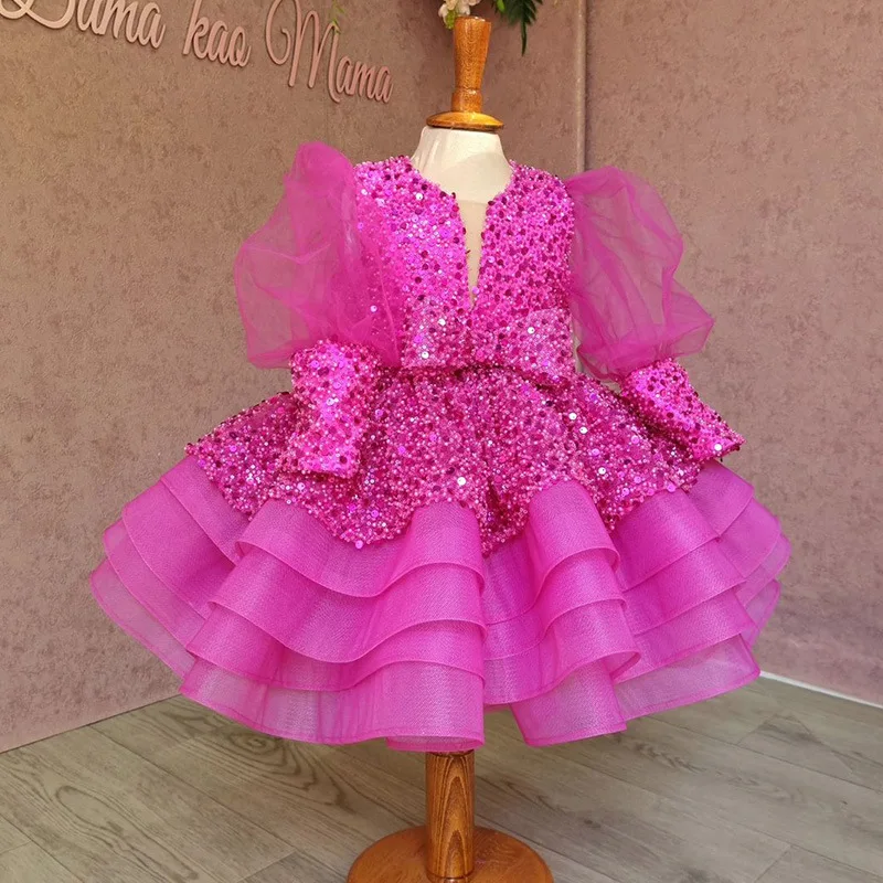 

Flower Girl Lace Tutu Dresses High Low Hem Long Sleeve Flowy Formal Party Wedding Dress