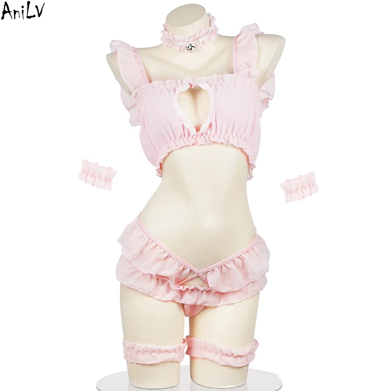 AniLV Kawaii Girl Cute Cat Bell Underwear Set Sexy Lingerie Women Pink Hollow Chiffon Pajamas Outfits Erotic Costumes