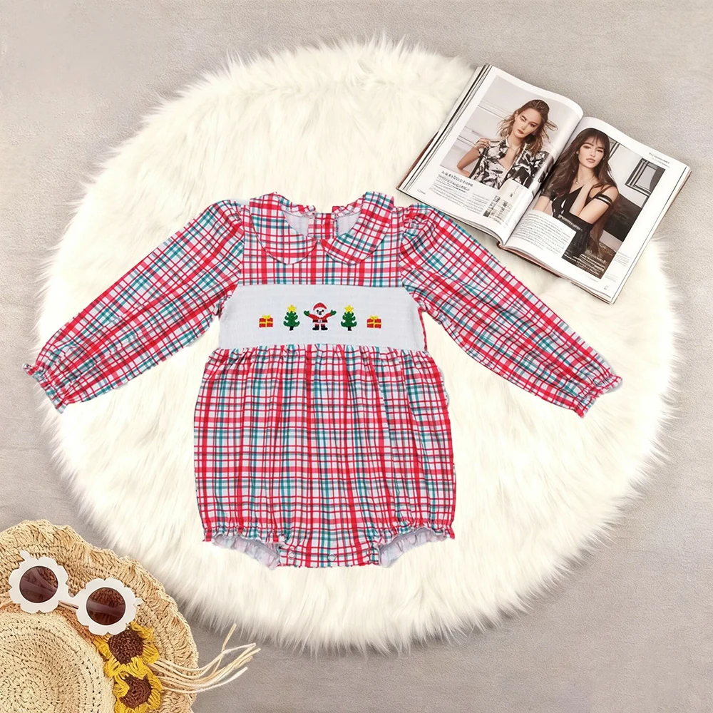 

10.23 Комбинезоны для маленьких девочек, рождественские комбинезоны с длинными рукавами в клетку для маленьких девочек Санта-Клауса