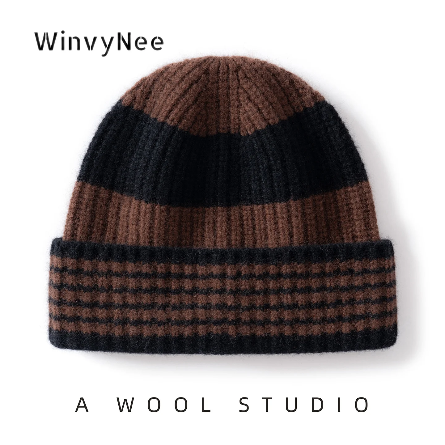 WinvyNee Women Pure Wool Knit Thick Striped Color Block Hat Trendy Warm Fine Texture Versatile Elegant Autumn Winter ZI1883041