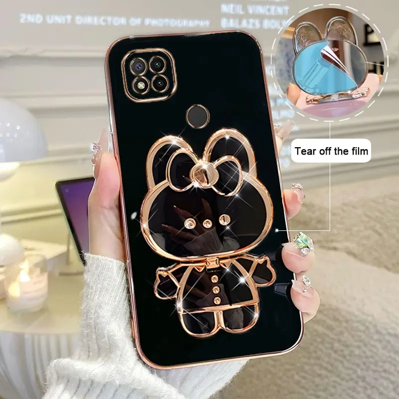 

Makeup Mirror Phone Case For Xiaomi Redmi 9C 9C Plating Cartoon Rabbit Folding Bracket Phone Protection Case Cover