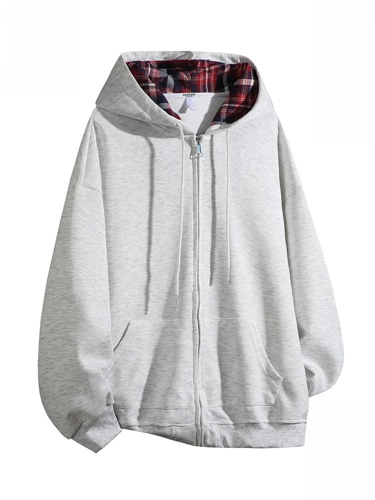 

PaulFrank Plaid Splicing Hooded Sweatirt Men's Winter Fce Lined Warm Couple Cardigan Coat Casual Sle Zipper ket