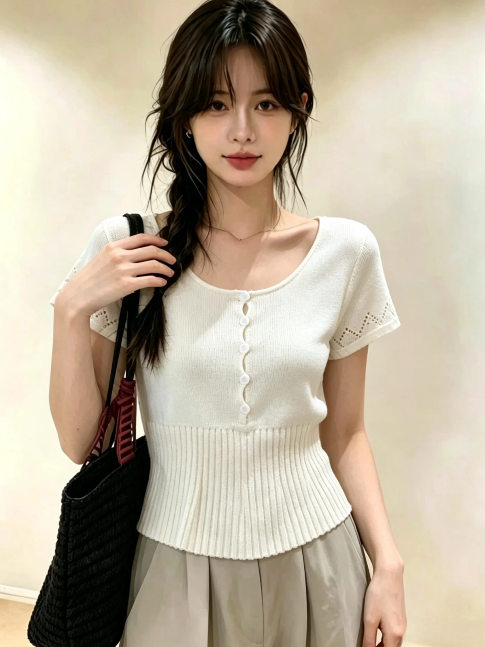 

Slim Fit Korean Style Women's Knitwear Short Sleeve Button round Neck Self-Preserving Design Summer New Gentle Style Top