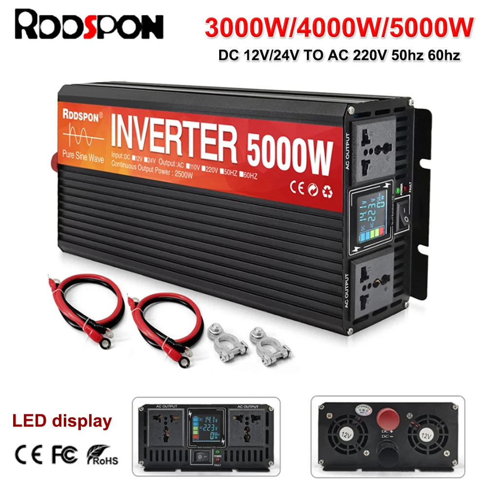 rddspon inversor de onda senoidal pura com display lcd conversor de carro tomada dupla dc 12v 24v a 220v ac 5000w 4000w 3000w 01