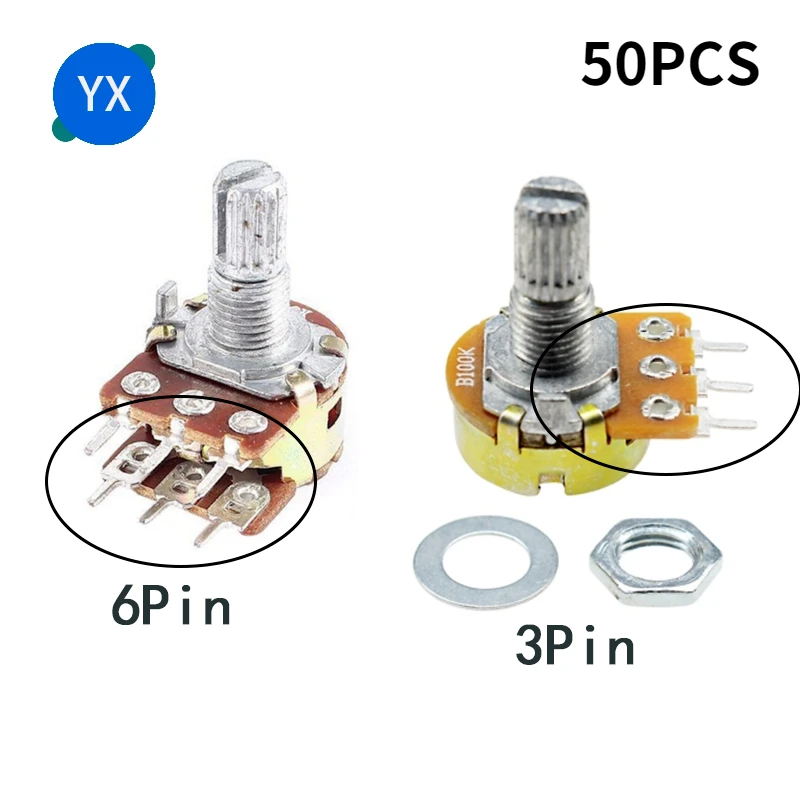 50PCS WH148 Single Linked Potentiometer B1K 2K 5K 10K 20K 50K 100K 250K 500K 1M Handle Length 15mm Adjustable Resistance