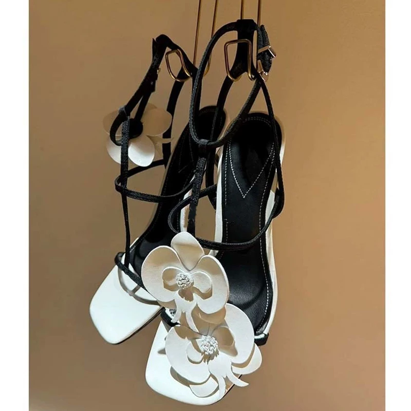 

White Floral Square Toe Slingback Stiletto Sandals Woman Summer 2025 Gold Open Toe T-Shaped Thin Belt High Heel Shoes Pumps
