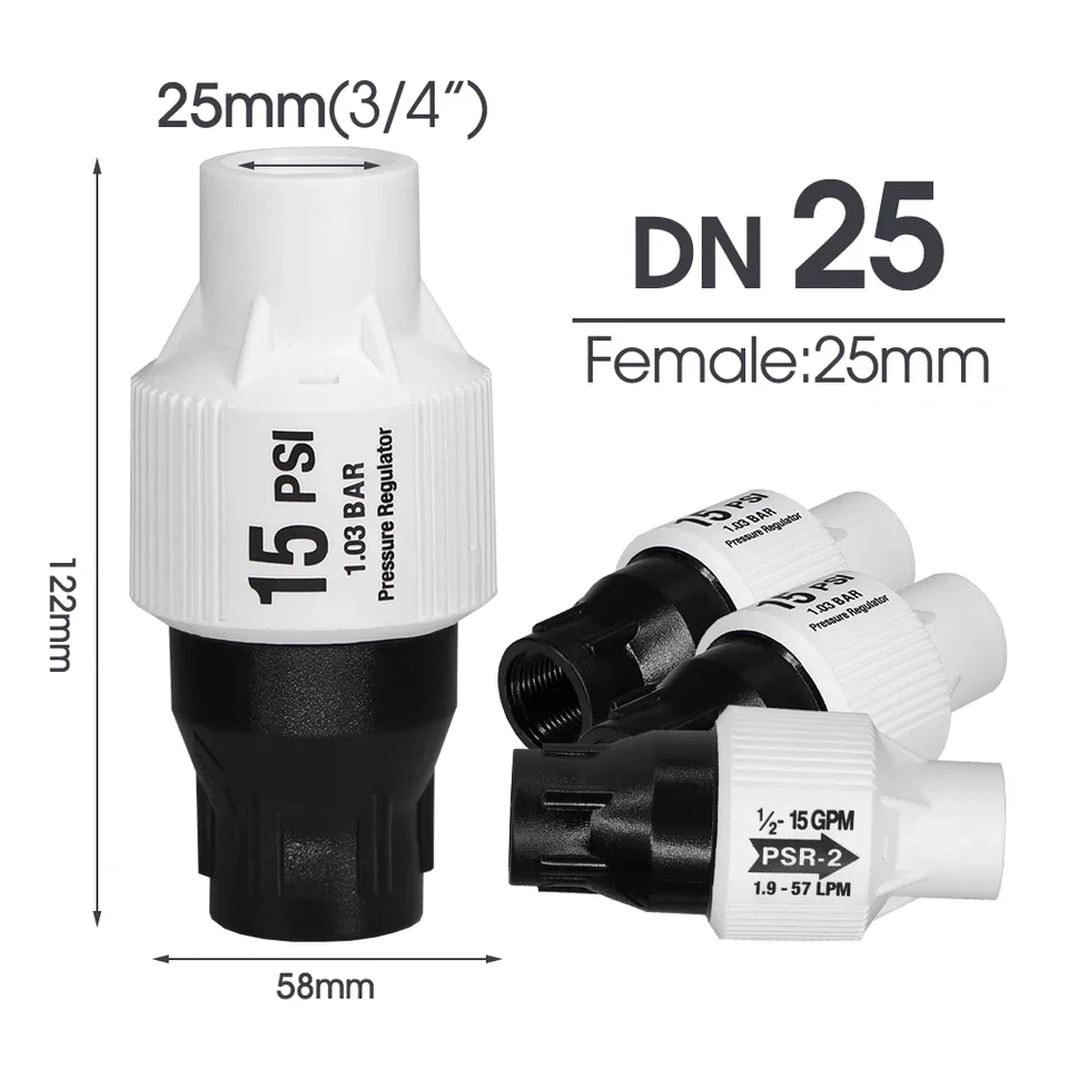 15 PSI adjustable pressure control valve with 25 mm 3/4 inch female thread for drip irrigation systems garden hose fittings and