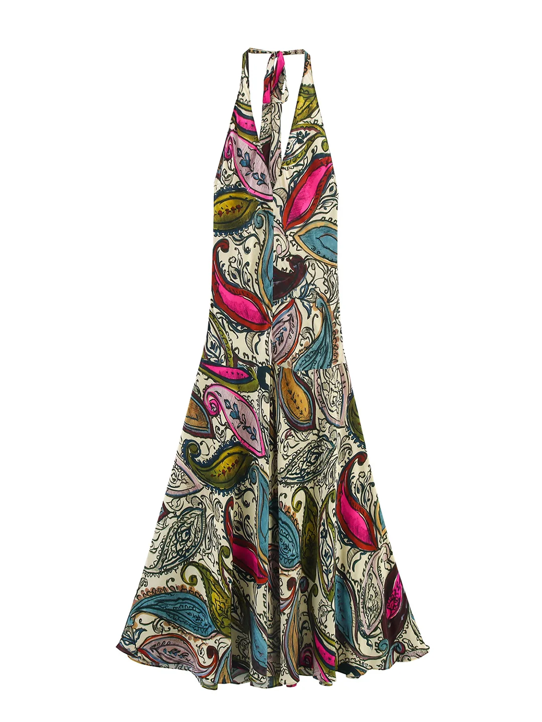 女性用ノースリーブセクシーバックレスバケーションパーティーロングドレス、タイホルターディープVネックファッションヴィンテージプリントボヘミアンワンピース