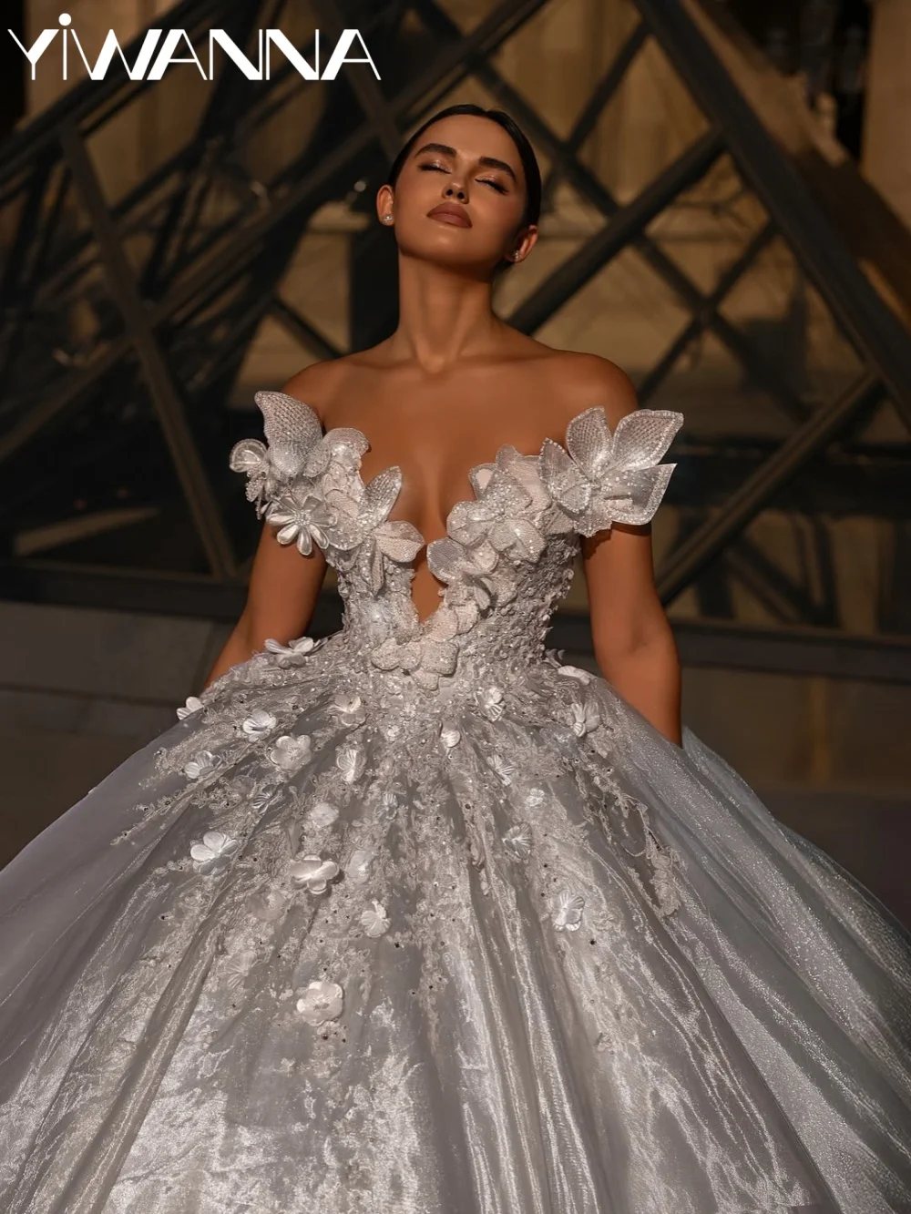 

White Glitter Beaded Wedding Dress With 3D Flower Charming V-neck Princess Bridal Gown Customized Gorgeous Dresses For Bride