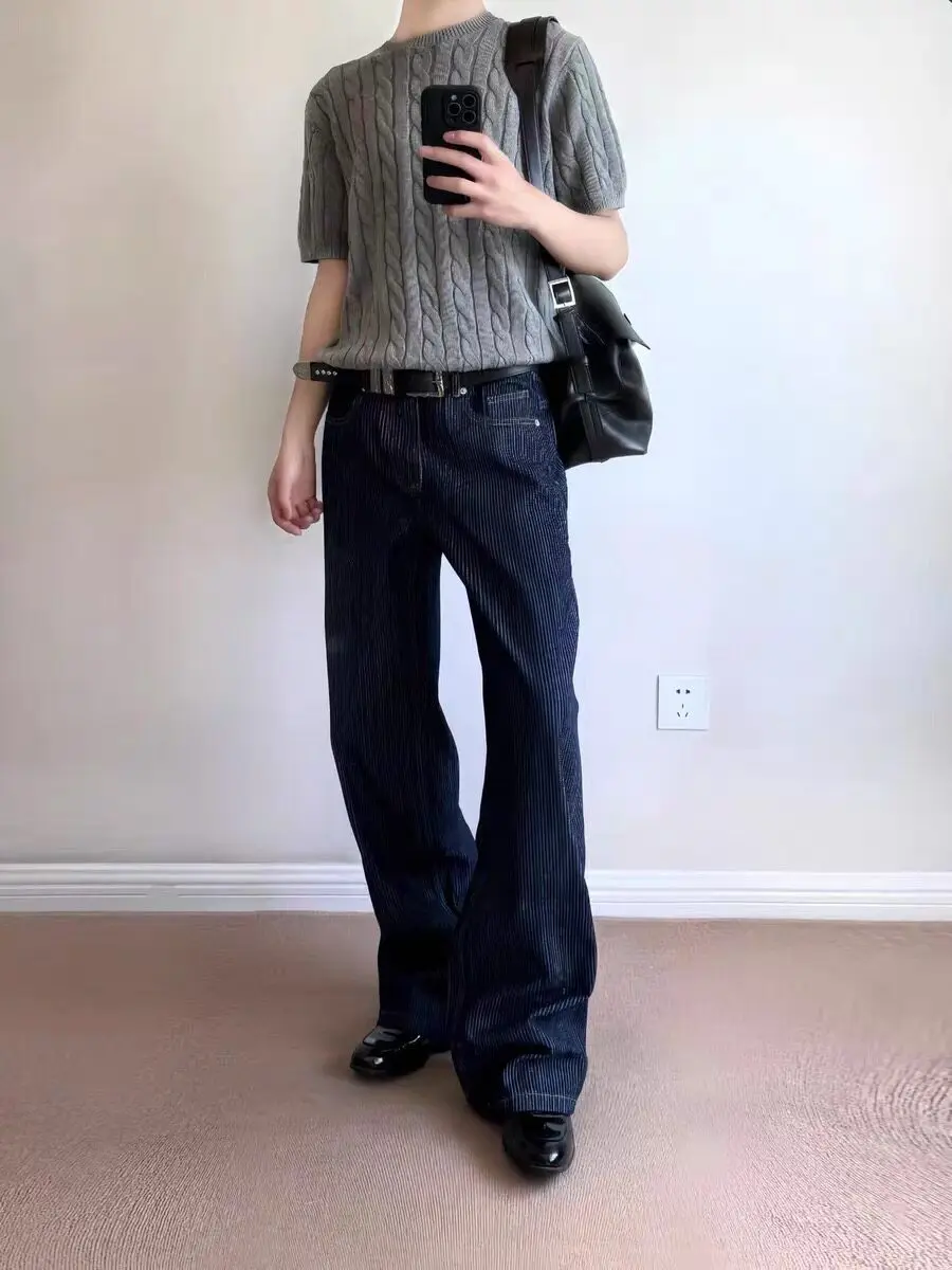 Washed Original Denim Men's Straight Leg Bell Bottoms American High Street Stripe Texture A-Line Wide Leg Versatile Long Trou...