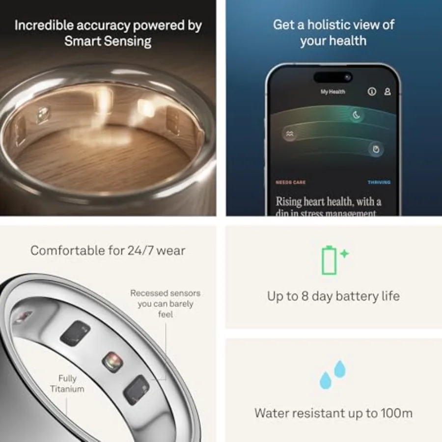 Anello Smart Ring 4 - Misura 8 - Monitoraggio Sonno, Attività, Salute Femminile, Consigli AI, Fino a 8 Giorni di Autonomia, App, Android e iOS