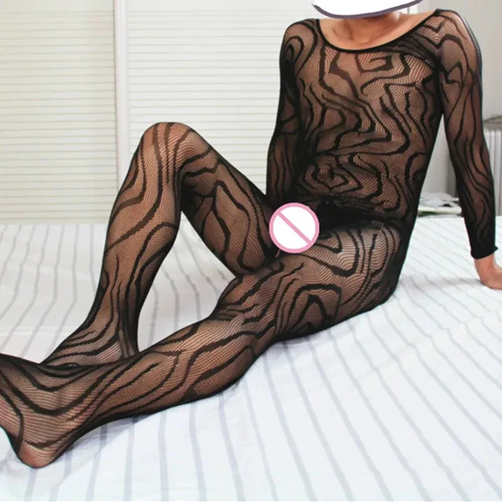 

Hollow Fishnet Tights Long Sleeves Full Bodysuits Sissy Jumpsuit Sexy Lingerie Male See Through Underwear Adult 18 Gays Bodysuit