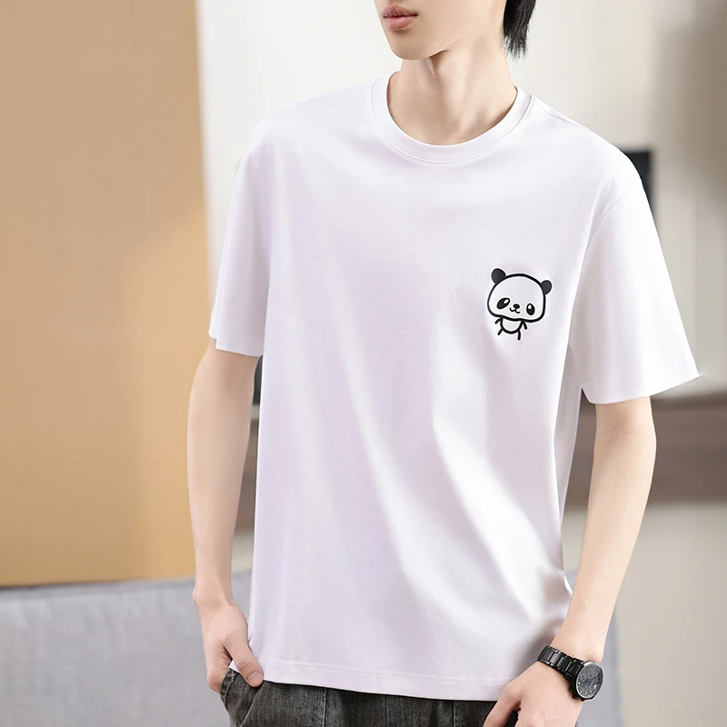 100% Liquid Nitrogen Mercerized Cotton T-Shirt Cartoon Panda Print Soft Breathable Casual Men Teens Round Neck Short Sleeved Top