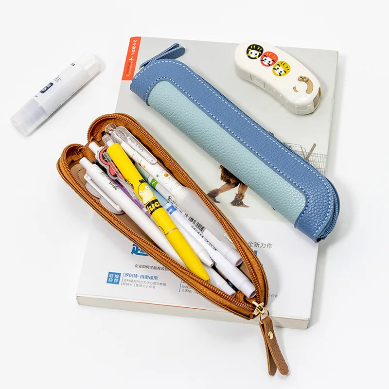 Korean Style Color Matching Small Fresh PU Leather Pencil Bag Portable Stationery Case for Students Signature Pen Storage Box