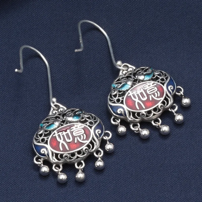 

925 Silver Enamel Auspicious Ruyi Tassel Earrings for Women Chinese Style Simple Retro Earings Vintage Craft Banquet Jewelry