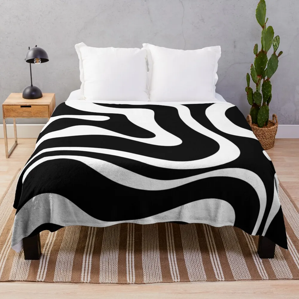 

Retro Modern Liquid Swirl Abstract Pattern Square in Black and White Throw Blanket Summer Bedding Blankets Blanket Sofa