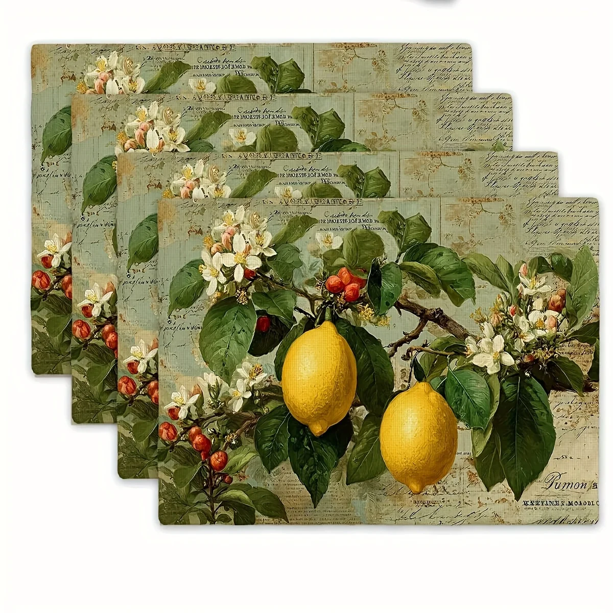 Vintage Lemon Blossom Fruit Botanical Old Script Print Rectangular Placemats Set Retro Farmhouse Kitchen Dining Table Decor Mats