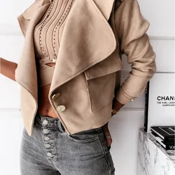 Women's Autumn  Winter Fashion Elegant Solid Color Polo Button Pocket Casual  Office lady Long Sleeve Slim Fit Short Coat Tops