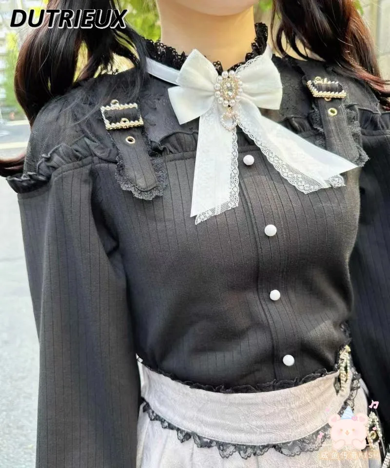 

Japanese Rojita Blouse Sweet Bow Shoulder Strap Lace Stitching Mine Mass-Produced Knitted Bottoming Shirt 2024 New Spring Top