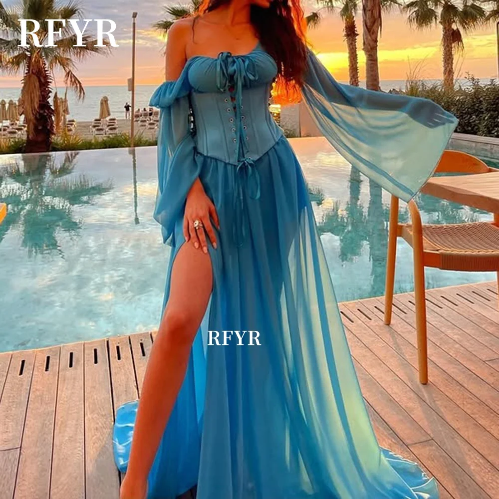 

RFYR A Line Party Dress Chiffon Evening Dress Off Shoulder Celebrity Dress Corset Gala Dress for Women Vestidos Customized