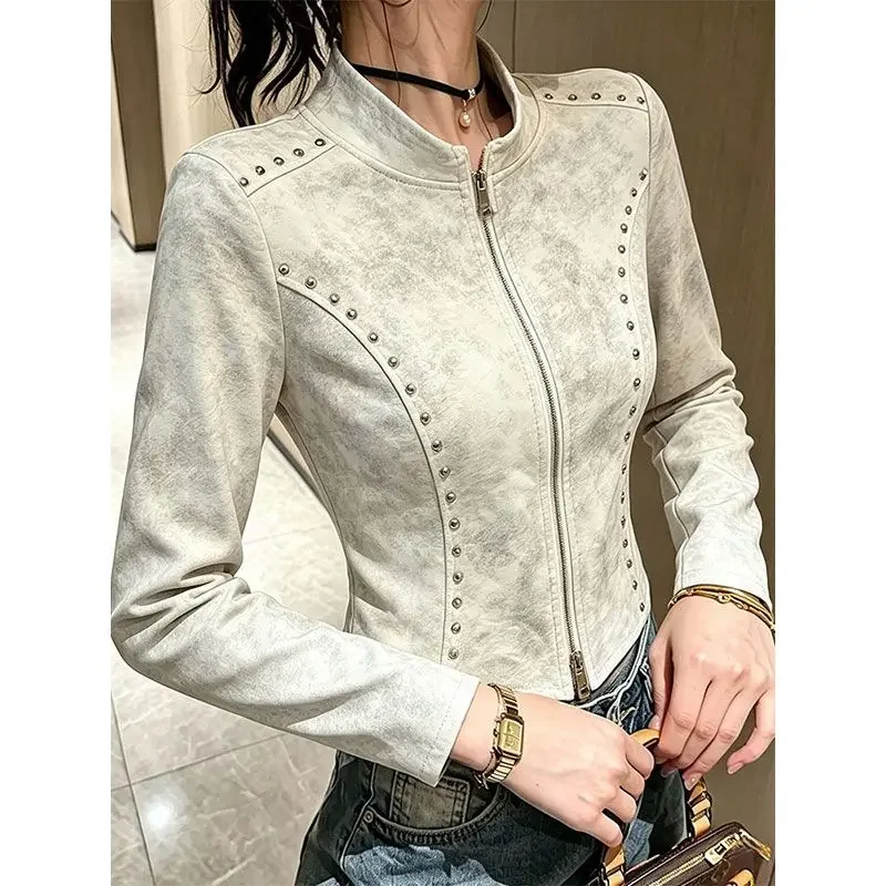 American Style Tie Dye Rivet Stand Collar Fitted Long Sleeve Cardigan Women Cool Autumn Zipper Irregular Hem Trendy Coat Top