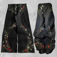 Pantalones vaqueros holgados florales Y2K con bordado de flores Retro, ropa de calle Unisex aerodinámica, pantalones góticos de pierna ancha de gran tamaño para hombre
