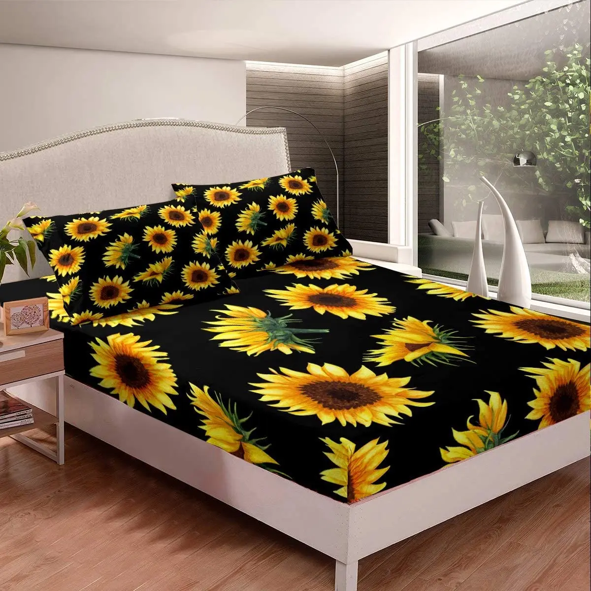 Sunflower Bed Sheets Yellow Floral Sheet Set Botanical Bedding Deep Pocket Flowers Fitted Sheet Includes 1 Sheets & 2 Pillowcase