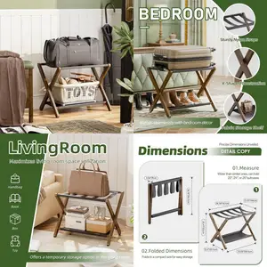 Set of 2 Folding Bamboo Suitcase Racks with Storage Shelf, Premium Holder for Home, Hotel, Holds up to 135 lbs