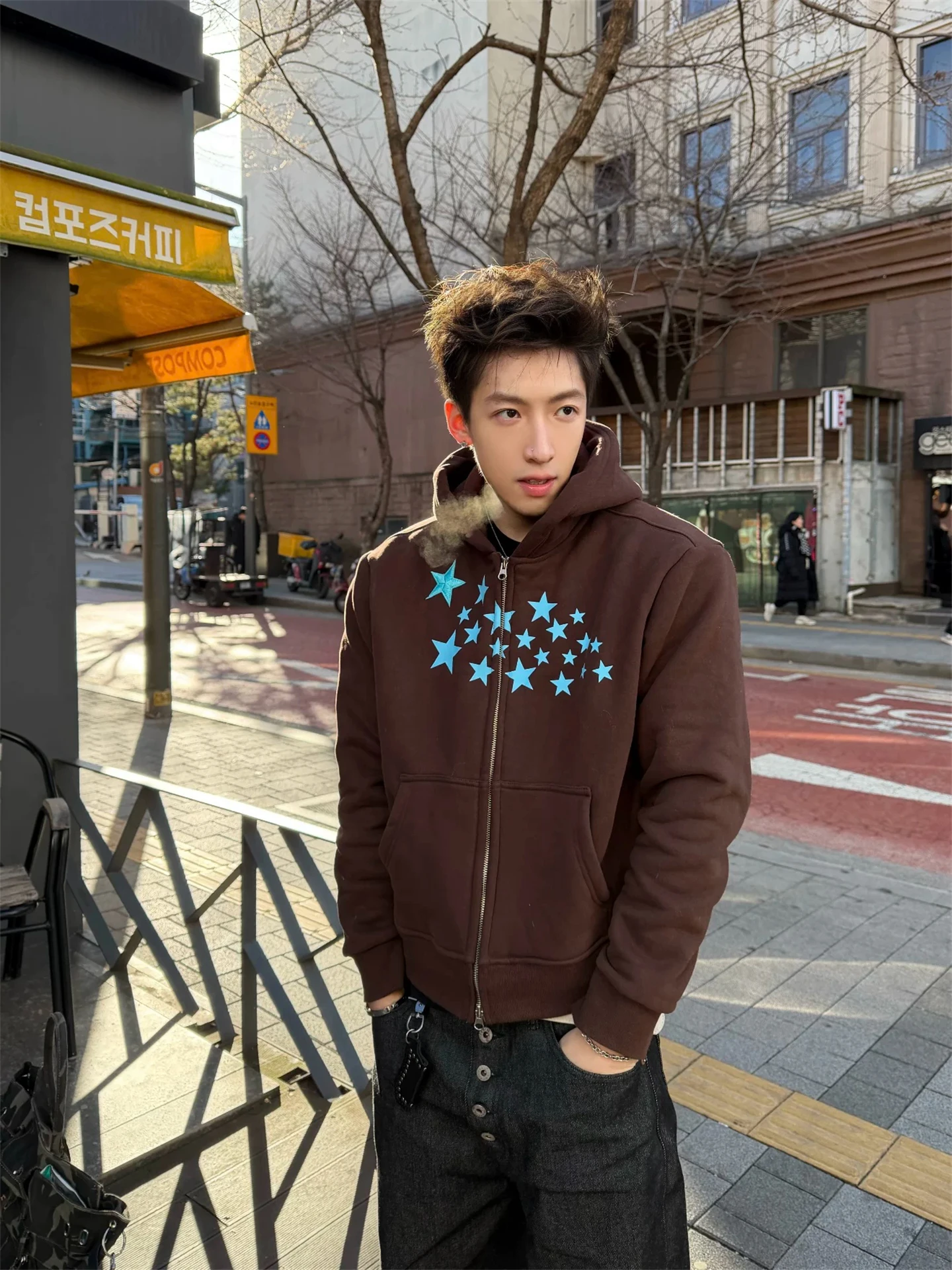 Retro American Star Print Hoodie Men's Loose Casual Long Sleeve Zipper Cardigan Spring Autumn Couple's Jacket