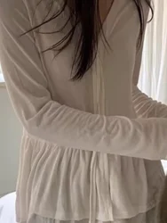White Long Sleeve T-Shirt Women's Korean Sle Spring New V-neck Hem Double-layered Belt Design Splice Anti-aging Top