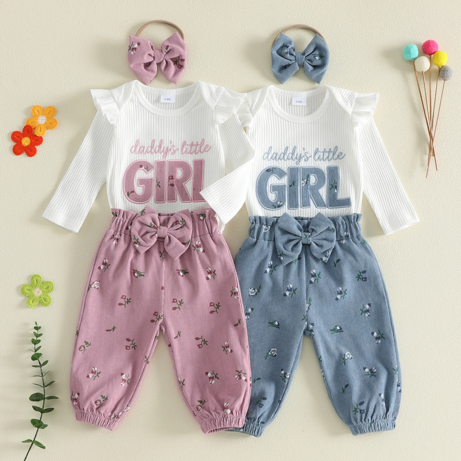 2027 Early Autumn Fashion Toddler Baby Girl Outfit Sweet Ribbed Romper Floral Corduroy Pants and Bow Headband Warmer Baby's Sets