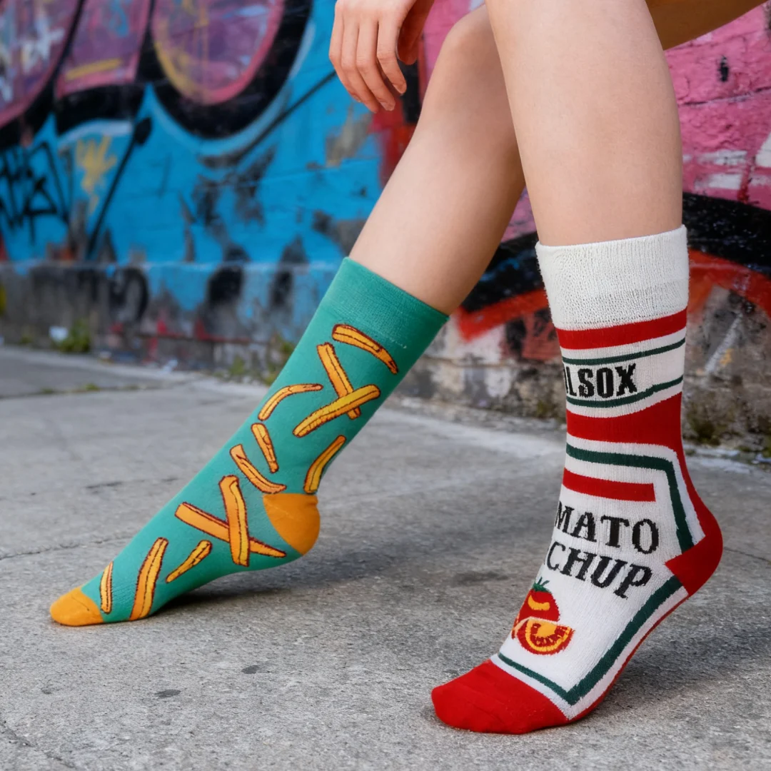 American Retro Tomato Sauce Fries Color-Block Mid-Calf Socks Street Style, Cotton Comfort, Year-Round Wear view 6