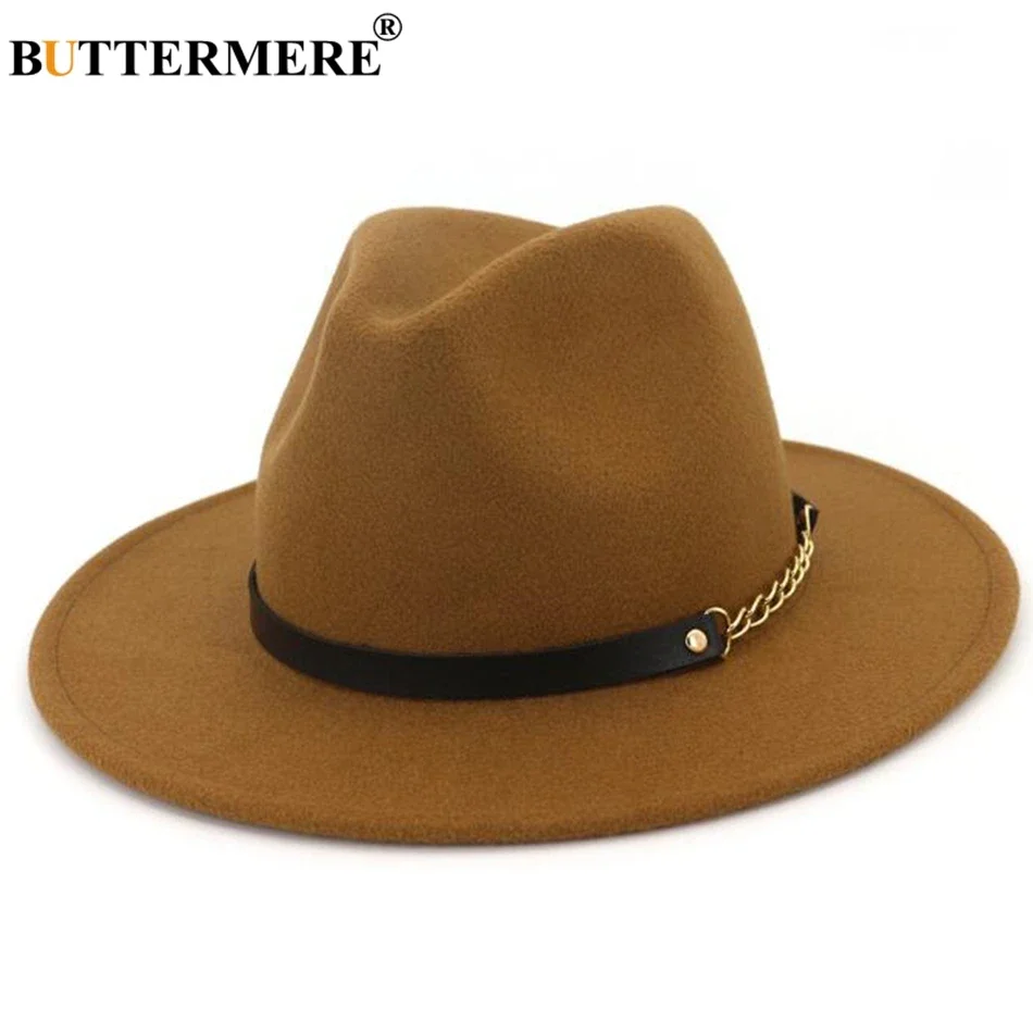 BUTTERMERE Fedora Cappello in feltro a tesa larga Donna Blu navy Cappelli jazz casual da uomo con catena Solid Classic Autunno Inverno Cappellini jazz Rosso