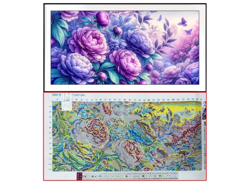 14CT 31X65cm Peony Needlework,DIY Cross Stitch Set Full Embroidery Kit, Printed Cross-stitch, Home Wall Decor New
