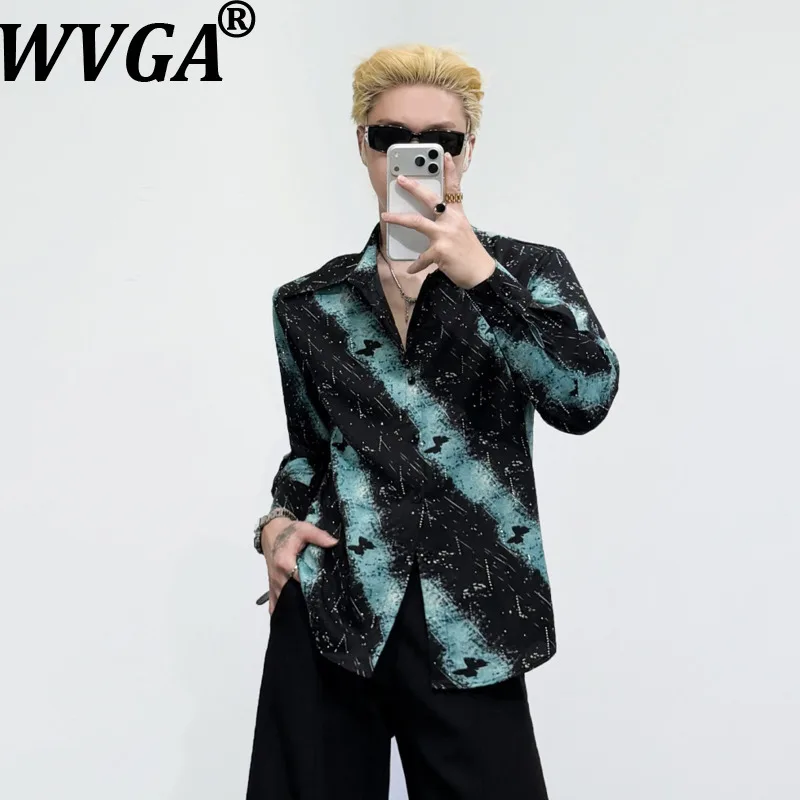 WVGA Korean Style New Men Autumn Printed Long Sleeve Shirt Light Luxury Fine Glitter Decoration Trendy Casual Draped Tops W27293
