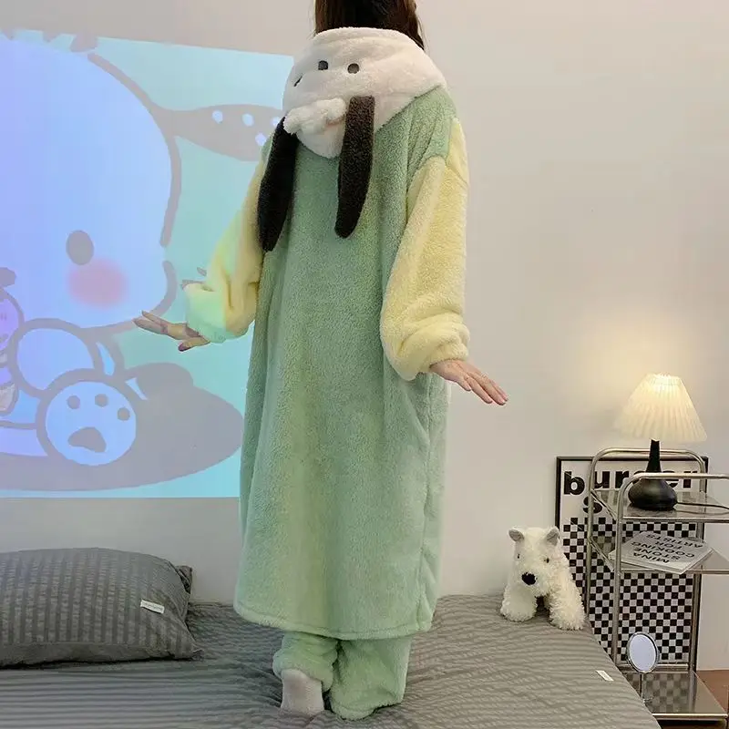 Kawaii Sanrio Pochacco Pajamas Skirt Winter Thickened Home Clothing Cartoon Can Be Worn Externally Christmas Gift Toys For Girls