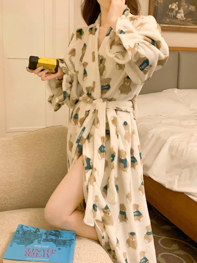 Print Bear Fuzzy Cartoon Thicken Winter Korean Style Long Nightgown Sweet Including Headband Loose Comfortable Casual Sleepwear