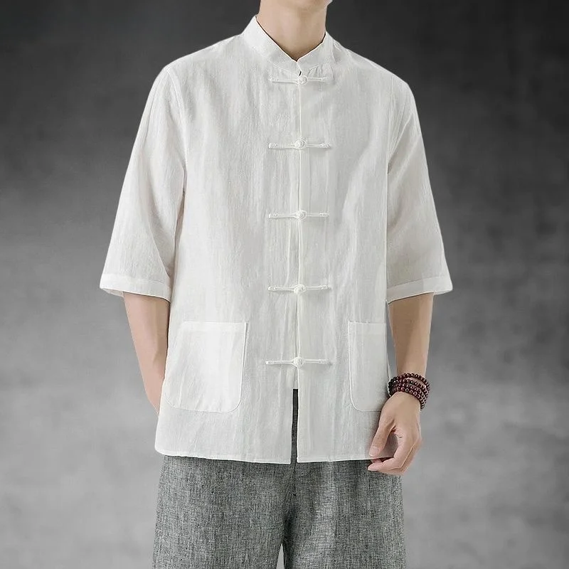 

New Chinese Sle Men's Long Sve irt with Button Design Linen Tang Suit ort Sve Dao Pao Outerwear Casual Summer irt