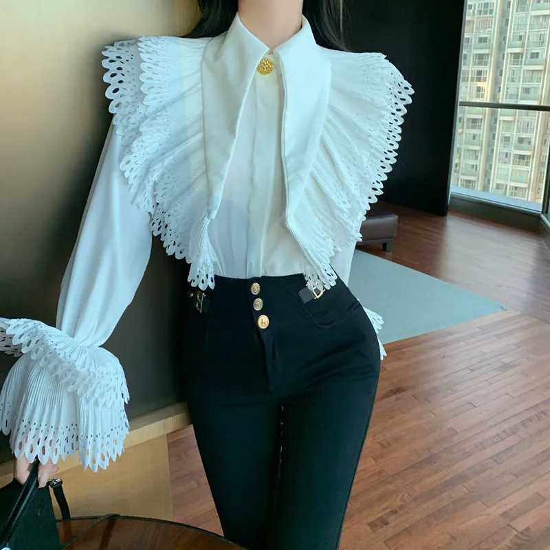 KUSAHIKI Korean Niche Flared Sleeves Turn-down Collar Shirt Fashion Women Slim Elegant Blouse Tops 2024 Spring New Tops Camisas