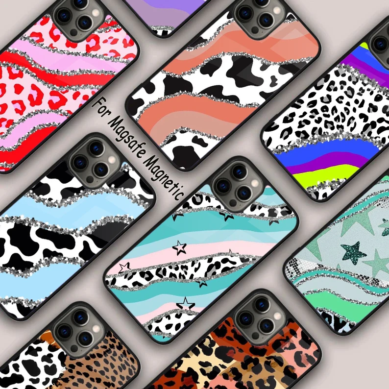 Patchwork Cheetah Cow Print Magnetic Phone Case For APPLE iPhone 16 14 13 12 11 Pro Max 15 Plus Wireless MagSafe Cover