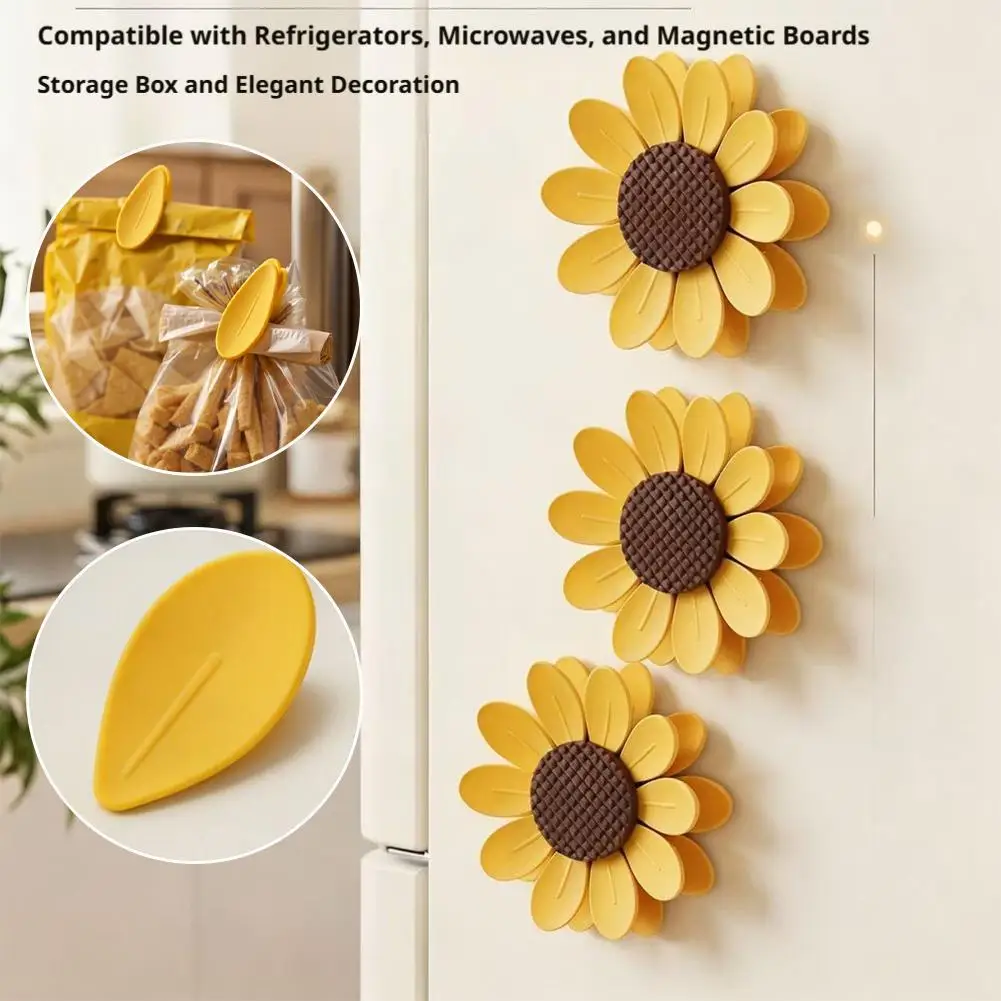 10 Peças de Clipes Magnéticos Fofos de Girassol para Vedação de Alimentos com Base, Herméticos para Sacos de Salgadinhos, Clipes de Armazenamento para Cozinha e Preservação de Frescor