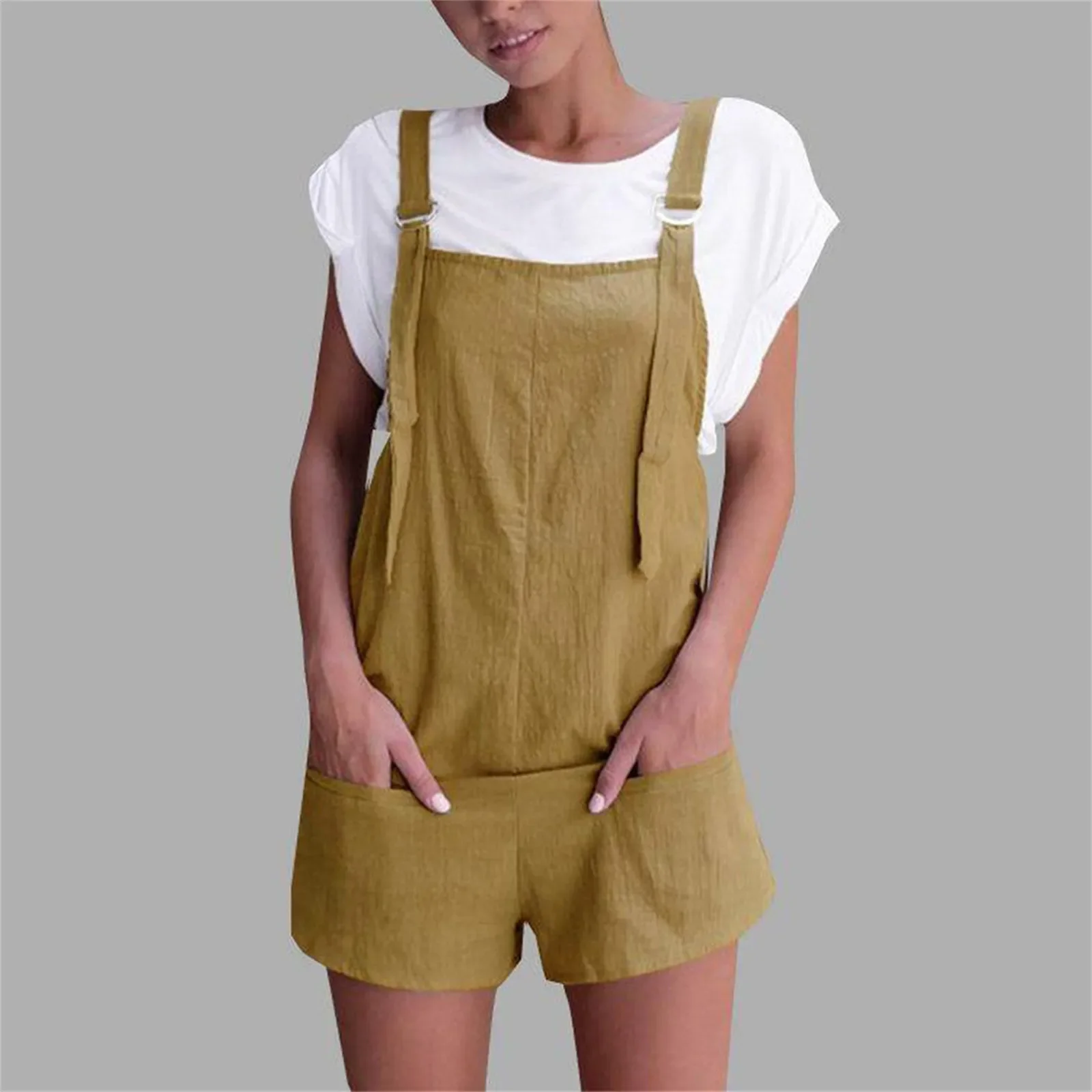 

Women Playsuit Women Cotton Linen Bib Overalls Summer Sleeveless Solid with Button Pockets Vintage One-piece Dailywear Outfits