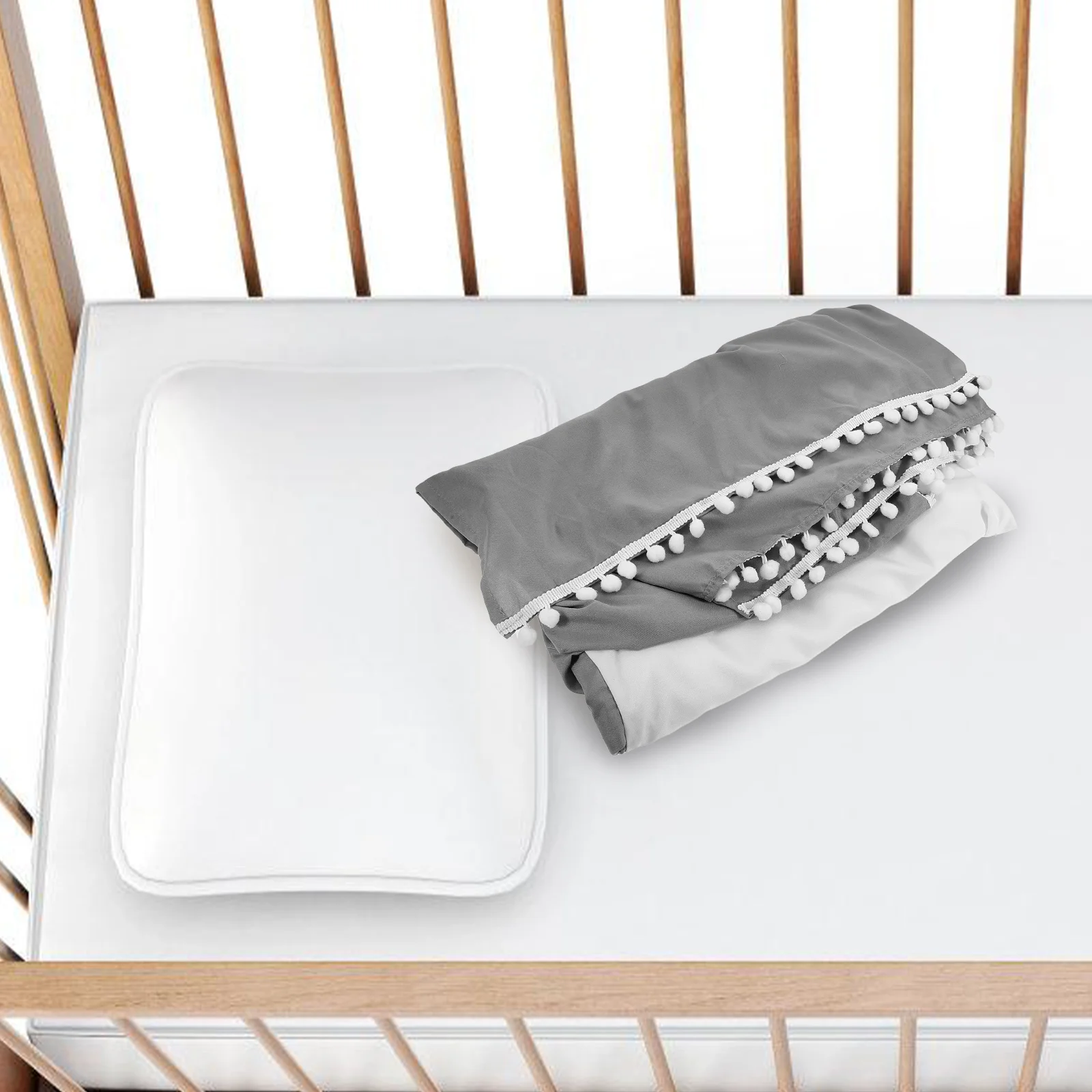 

Cotton Crib Skirt Neutral Elegant Pom Poms Nursery Debris Protection Lightweight Portable Crib Bed Skirts Cover Fabric
