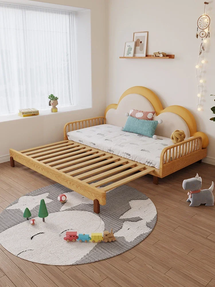 Children's bed boy cloud bed solid wood with guardrail splicing telescopic push-pull widened bed