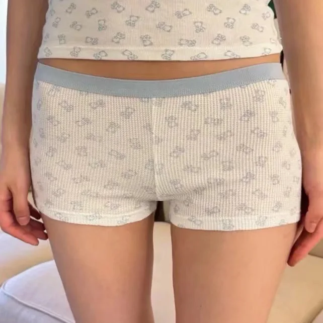 Blue Litter Bear Print Cute Shorts Women Waffle Three Button Casual Chic Summer Shorts Elastic Waist Tight Home Sleep Trouser